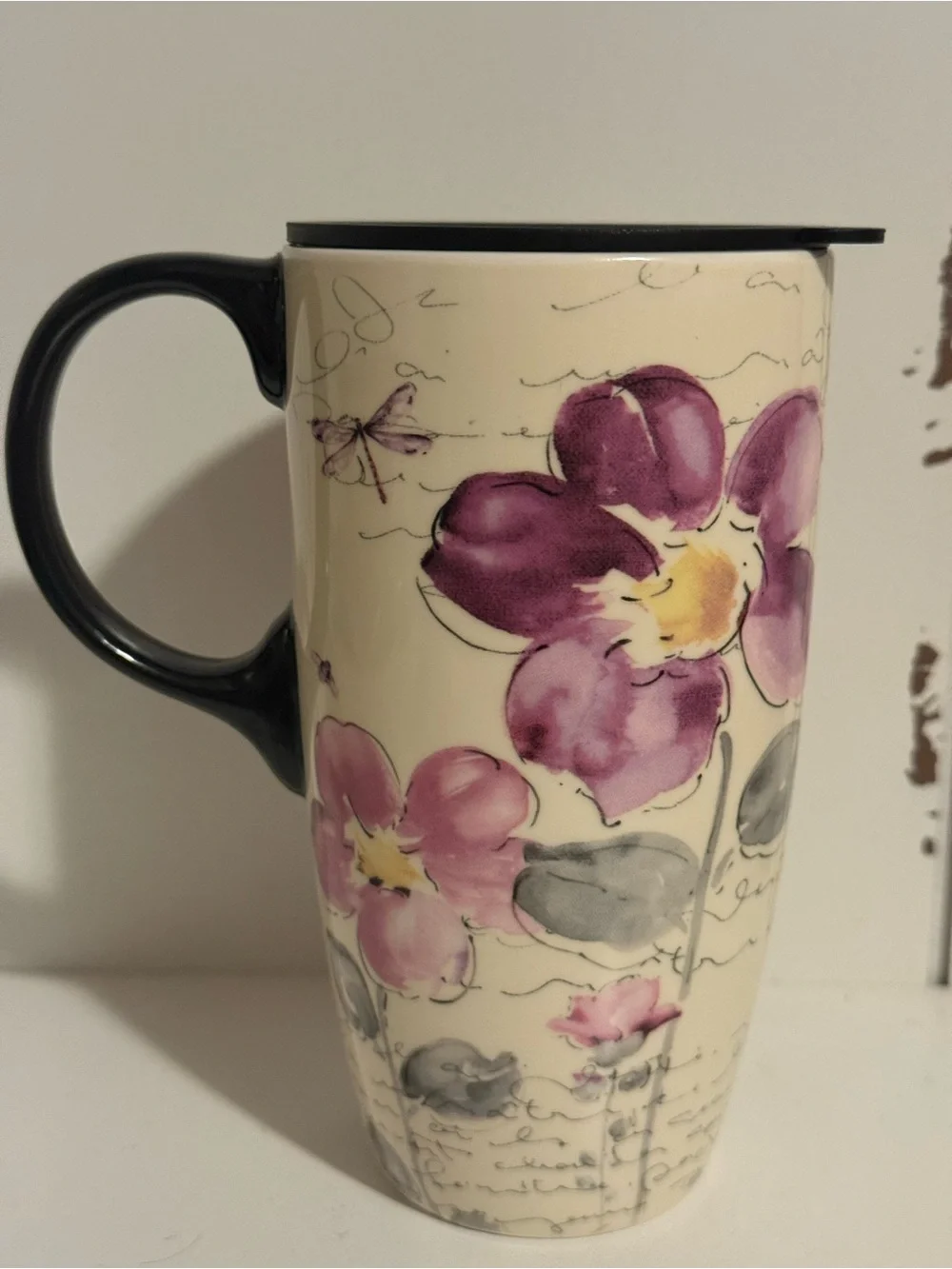 Cypress Home 17 Oz Ceramic Coffee Mug Floral Dragonfly Travel w/Lid
